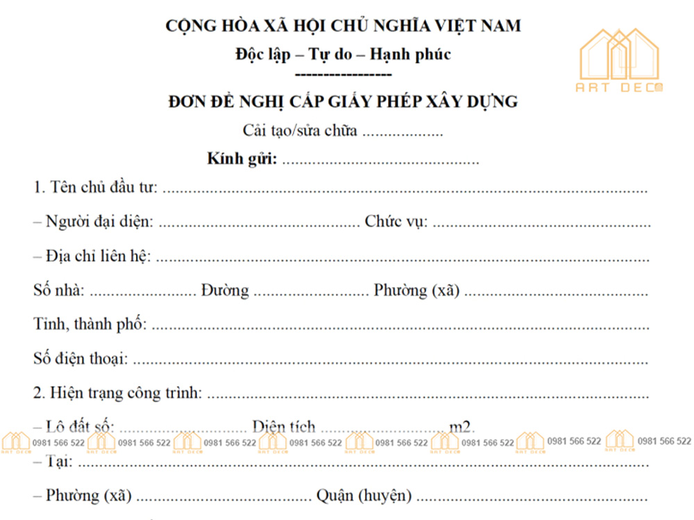 Đơn đề nghị cấp phép sửa chữa nhà ở chuyên nghiệp