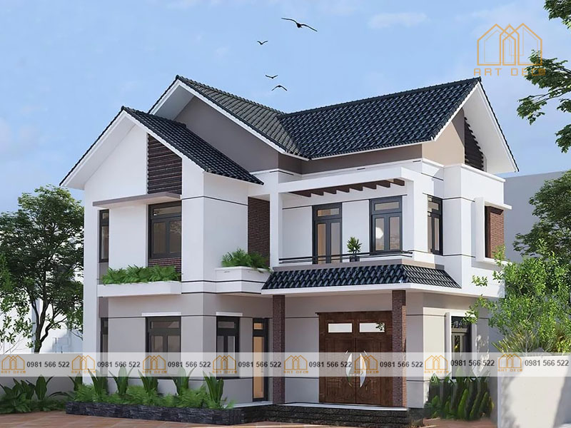 Mẫu nhà 2 tầng hình khối mang đến không gian kiến trúc cứng chắc