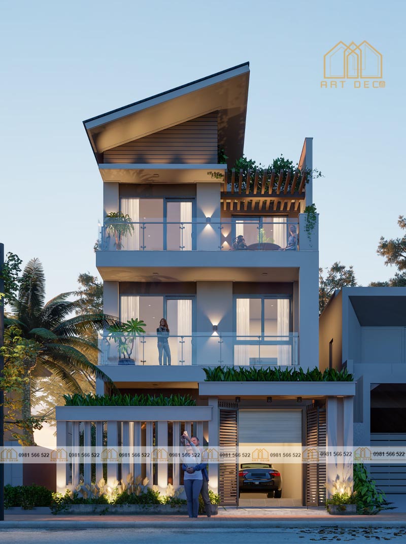 nhà 3 tầng mái lệch hiện đại