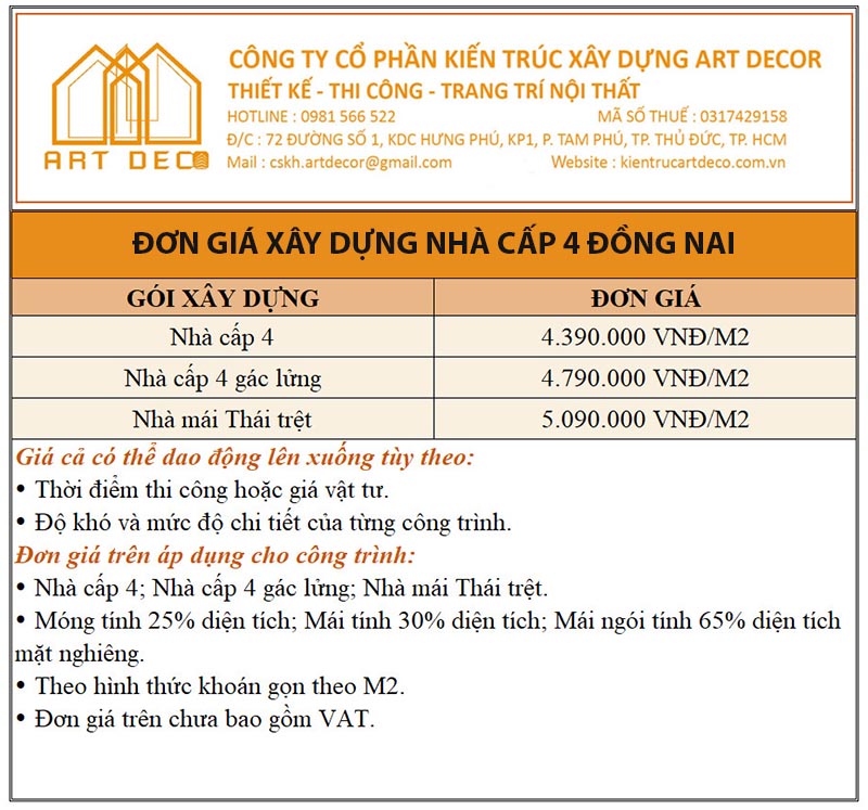ART DECOR báo giá xây dựng nhà cấp 4 mới nhất tại tỉnh Đồng Nai