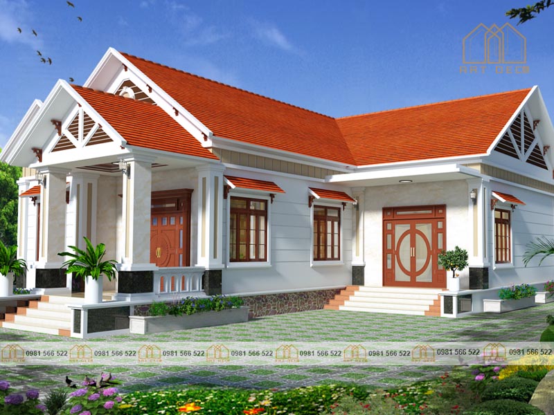 Nhà cấp 4 chữ L trang hoàng mái Thái với ngỏi đỏ nổi bật