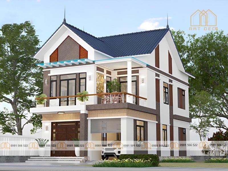 Nhà mái Thái 2 tầng thiết kế 4 phòng ngủ cùng khoảng sân vườn rộng