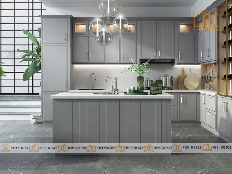 Thiết kế bếp đảo thiên đường tông màu xám đen sang trọng