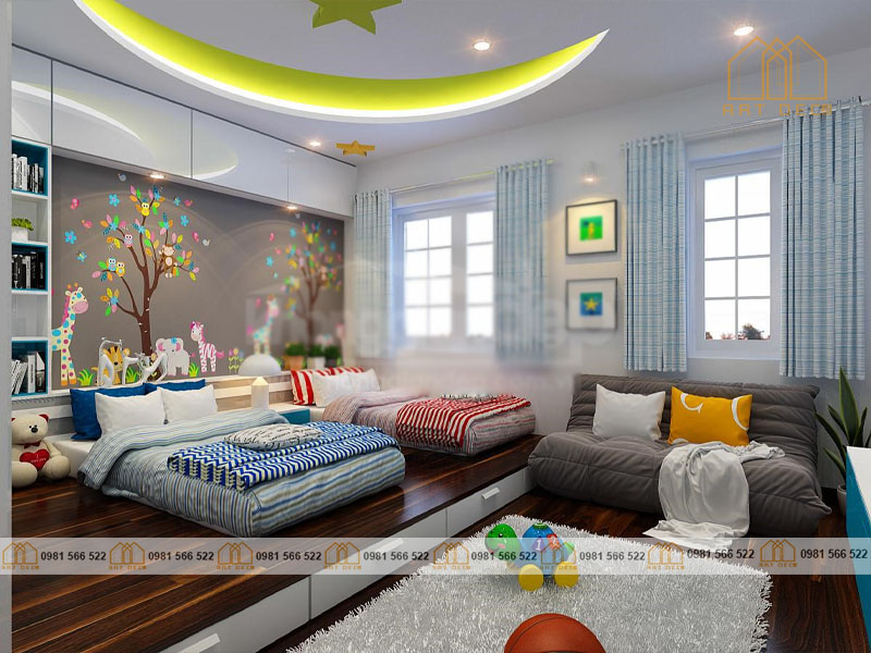 Phòng ngủ giường đôi có thể thiết kế cho cả bé trai và bé gái