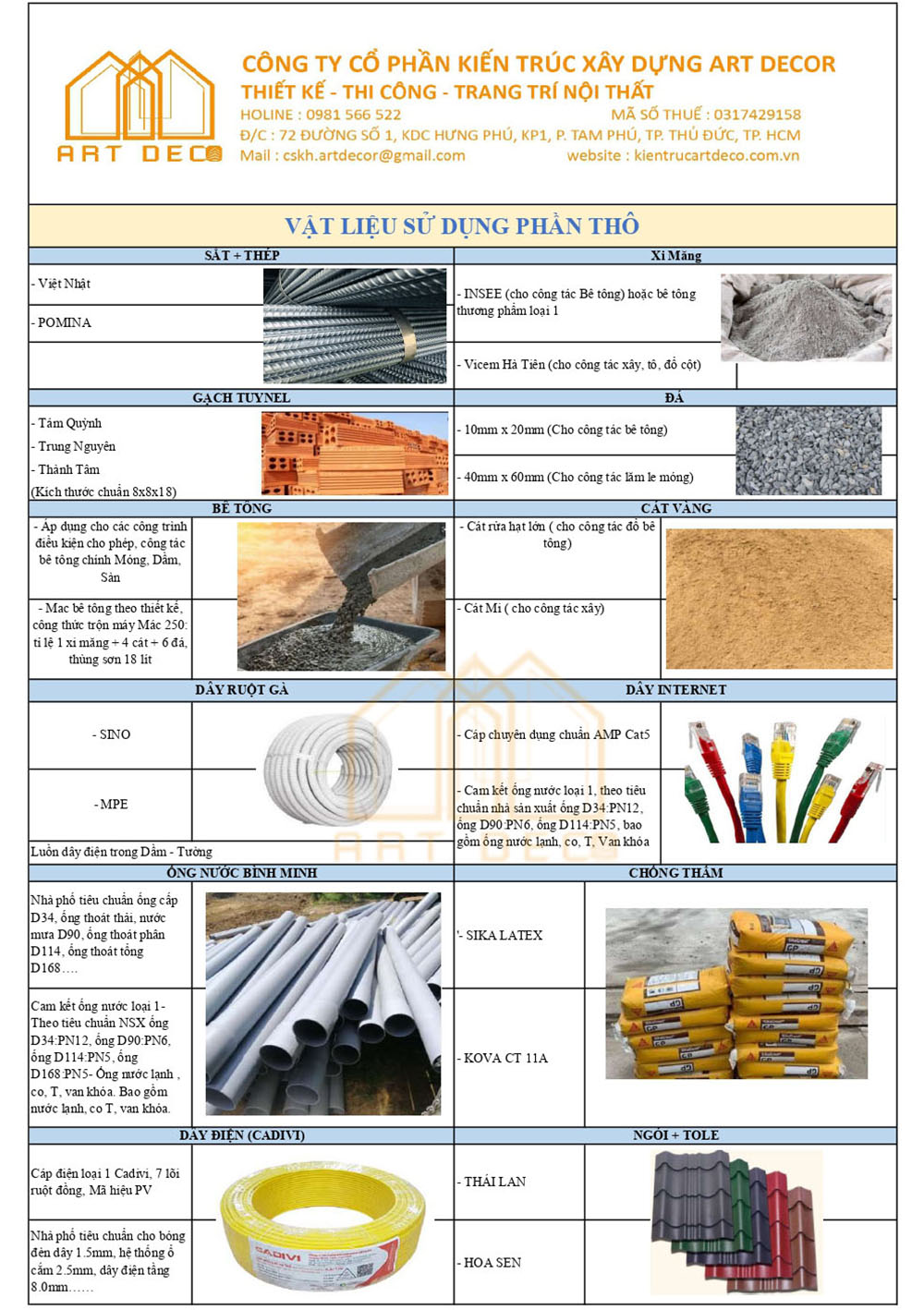 danh sách vật liệu xây dựng phần thô nhà ở