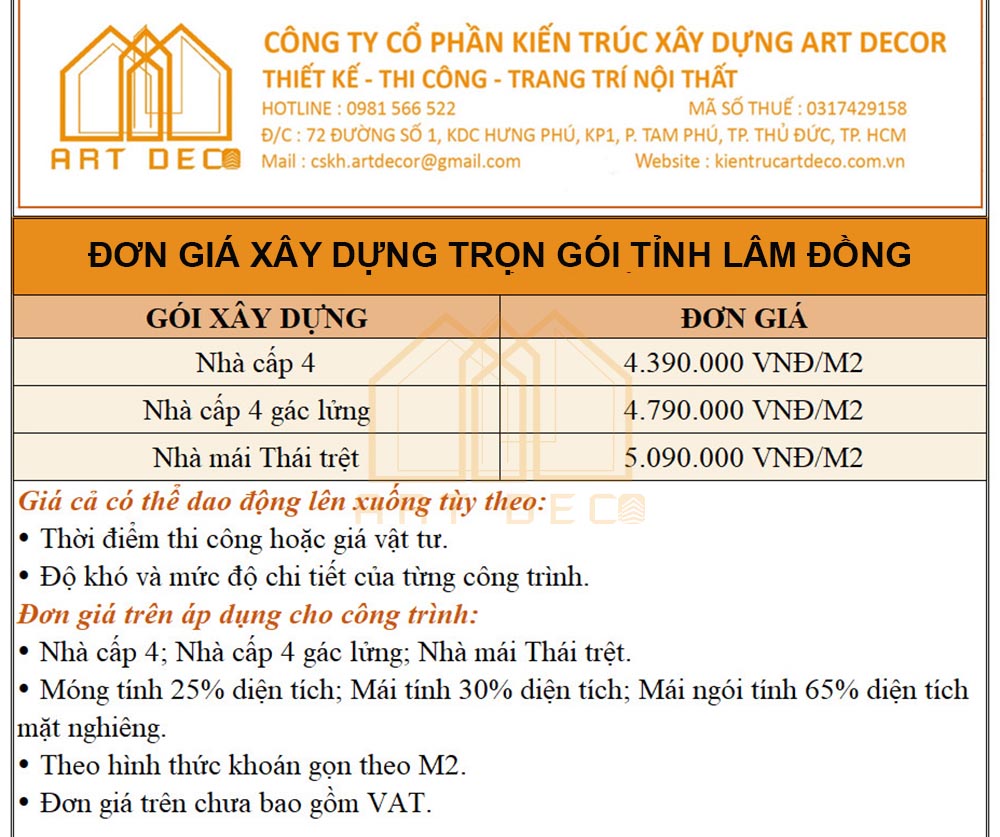 Đơn giá xây dựng trọn gói tỉnh Lâm Đồng